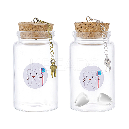 2Pcs 2 Colors Column Transparent Glass Baby Teeth Empty Cork Bottles with Alloy Tooth Tassel Charms and Tooth Picture Stickers AJEW-NB00017-1