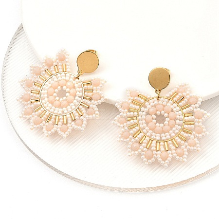 304 Stainless Steel & Bohemian Beaded Flower Dangle Stud Earrings for Women EJEW-R001-04B-1