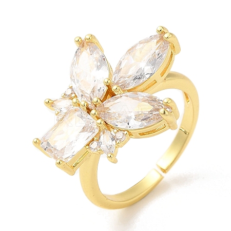 Rack Plating Brass Micro Pave Cubic Zirconia Flower Open Cuff Rings RJEW-A016-07G-1