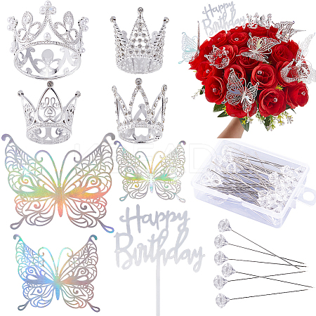 Alloy Rhinestones Crown & Acrylic Cake Toppers & Paper Wall Stickers and Crystal Head Steel Sewing Craft Positioning Needles for Birthday Cake Decoration DIY-SP0003-27S-1