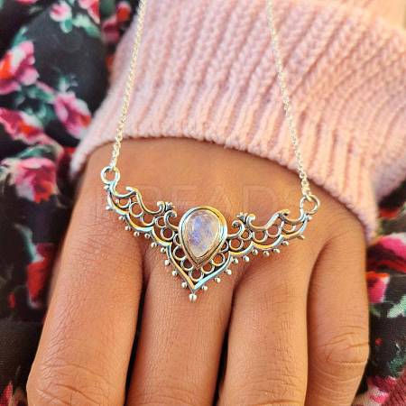 Hollow Triangle Alloy & White Synthetic Opal Pendant Necklaces for Women FS-WG91181-01-1