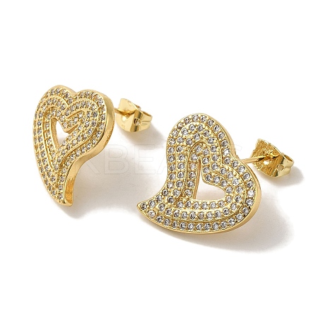 Rack Plating Heart Brass Micro Pave Cubic Zirconia Stud Earrings for Women EJEW-P272-11G-1