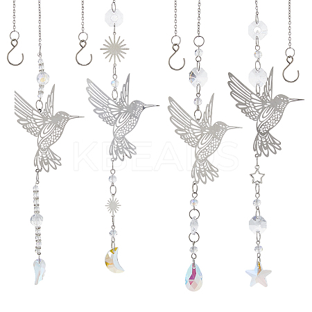 4Pcs Glass & Stainless Steel Hummingbird Hanging Suncatchers HJEW-FH00199-1