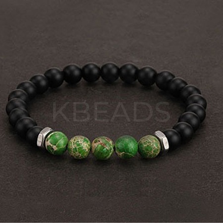 8MM Dyed Natural Imperial Jasper and Frosted Black Round Beaded Stretch for Men DZ7575-3-1