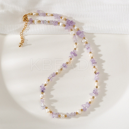 Natural Freshwater Pearl Nuggets and Amethyst Chip Beaded Necklaces for Women FS-WGFF989-01-1
