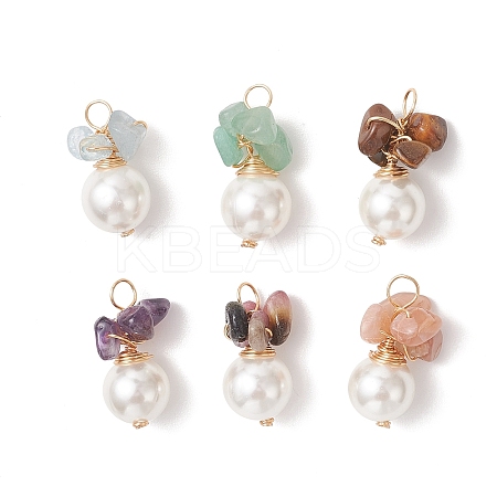 6Pcs 6 Styles Natural Tourmaline & Tiger Eye & Amethyst & Green Aventurine & Sunstone & Aquamarine Chip with Copper Wire Wrapped Shell Pearl Pendants PALLOY-JF04951-1