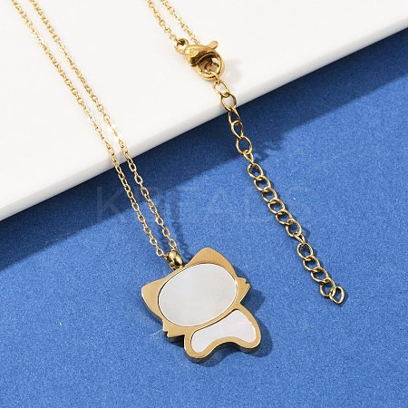 304 Stainless Steel Pave Natural White Shell Cute Cat Shaped Pendant Necklaces for Women NJEW-F339-01G-1