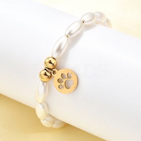 304 Stainless Steel Flat Round with Paw Print Charm Bracelets for Women BJEW-C098-11G-1