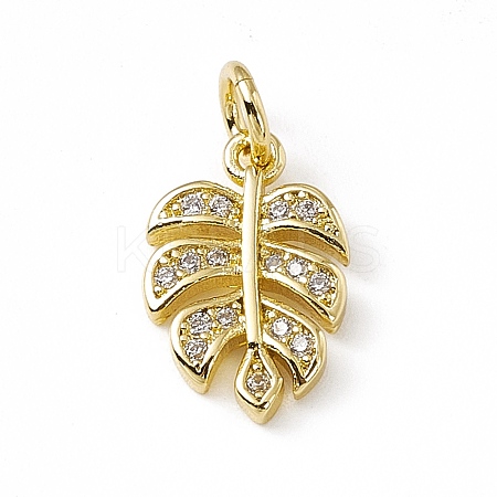Brass Micro Pave Clear Cubic Zirconia Leaf Charms X-ZIRC-F132-62G-1