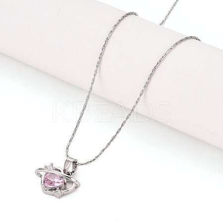 Brass Cubic Zirconia Heart Planet Pendant 304 Stainless Steel Chain Necklaces NJEW-T018-05P-1