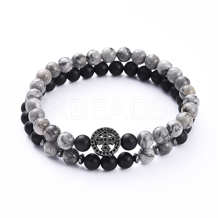 Natural Map Stone & Black Agate(Dyed) Beads Stretch Bracelets BJEW-JB05254-01-1