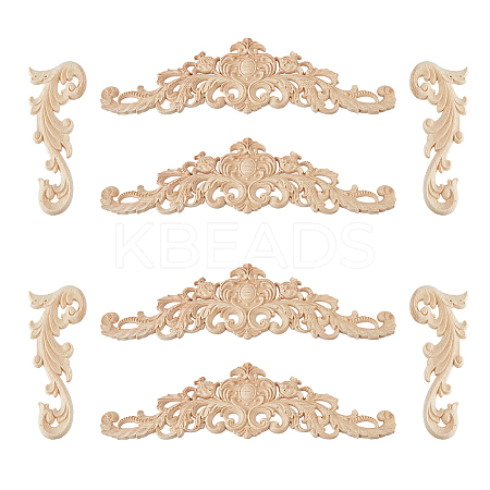 8Pcs 2 Styles Natural Solid Wood Carved Onlay Applique Craft AJEW-DC0001-61-1