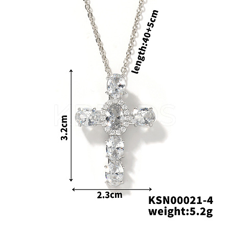 Brass Pave Cubic Zirconia Religion Cross Pendant Necklaces CU6638-3-1