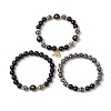 3Pcs 3 Styles 8mm Round Natural Tibetan 3-Eye dZi Agate & Eyeless Obsidian Beaded Stretch Bracelet Sets BJEW-JB10336-4