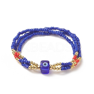 3Pcs 3 Color Evil Eye Lampwork & Glass Seed & Brass Beaded Triple Layer Multi-strand Bracelets Set for Women BJEW-JB09252-1