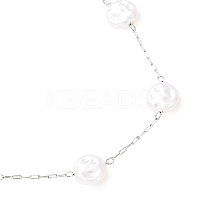 304 Stainless Steel with ABS Plastic Pearl Flat Round Bead Cable Chain Necklaces for Women NJEW-G190-03P-1