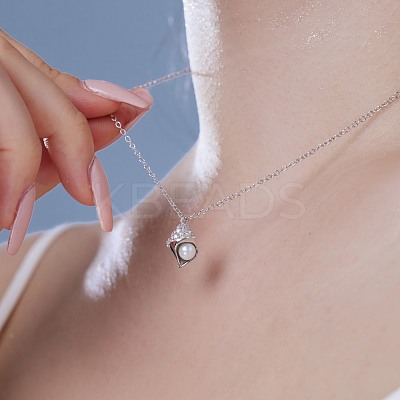 Rhodium Plated Summer Beach 925 Sterling Silver Micro Pave Clear Cubic Zirconia Cable Chain Conch Shell Pendant Necklaces NJEW-Q342-05P-1
