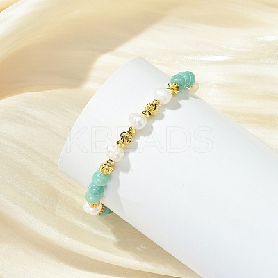 Round Natural Amazonite & Cultured Freshwater Pearl & Brass Beaded Stretch Bracelets for Women BJEW-JB14060-01-1