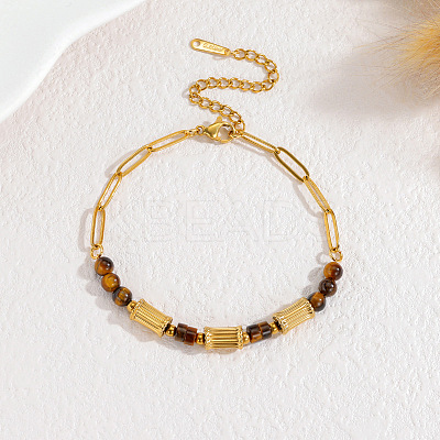 Natural Tiger Eye & 304 Stainless Steel Beaded Link Bracelets WGF19B2-01-1
