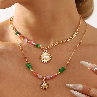 Sun Alloy Plastic Pearl Pendant Necklaces for Women NJEW-U013-11G-1