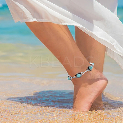 2Pcs Acrylic Imitation Turquoise Oval Link Chain Anklet AJEW-AN0001-04-1