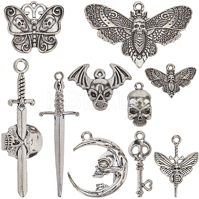 50Pcs 10 Styles Skeleton Theme Tibetan Style Alloy Pendants FIND-SC0011-06-1