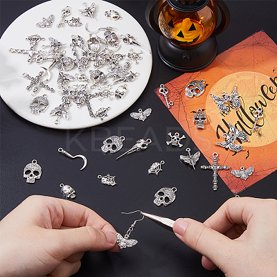 60Pcs 12 Styles Halloweem Themed Tibetan Style Alloy Pendants TIBEP-DC0001-35-1