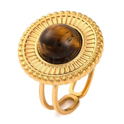 Flat Round Natural Tiger Eye Finger Rings RJEW-Q822-02G-03-1