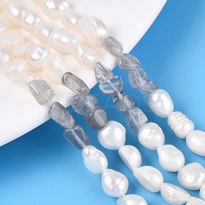 Natural Labradorite Nuggets & Natural Cultured Freshwater Pearl Beads Strands PEAR-N023-01A-17-1