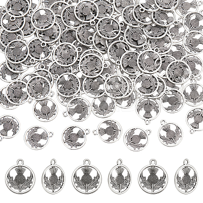 100Pcs Tibetan Style Alloy Flat Round with Flower Scotland Thistle Pendants TIBEP-UN0001-03-1