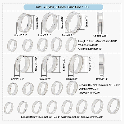 24Pcs 24 Style 201 & 304 Stainless Steel Grooved Finger Ring Settings STAS-UN0044-15-1