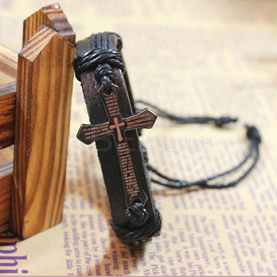 Adjustable Cross with Word Iron Braided Leather Cord Bracelets BJEW-P0001-02B-1