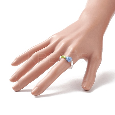 Flower Bud Synthetic Coral & Glass Seed Beaded Stretch Ring for Women RJEW-JR00557-1