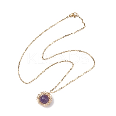 Natural Amethyst Copper Wire Wrapped Flower Pendant 304 Stainless Steel Cable Chain Necklaces for Women NJEW-JN05616-01-1
