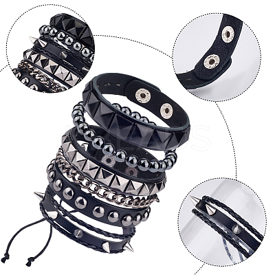 4Pcs 4 Styles Punk Style Hematite Round Beaded Stretch Bracelets & Rivets Bracelets  with Alloy Braided Bead Bracelets & Imitation Leather Bangles for Men Women BJEW-WH20002-09A-1