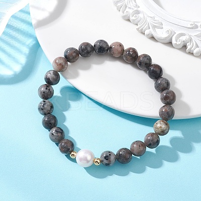 Natural Syenite & Cultured Freshwater Pearl Round Beaded Stretch Bracelets for Women BJEW-JB13321-01-1