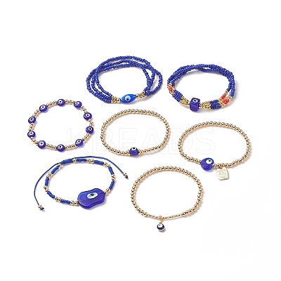 7Pcs 7 Style Evil Eye Lampwork & Glass Seed & Brass Beaded Stretch Bracelets Set for Women BJEW-JB09249-03-1