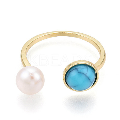 Turquoise & Natural Pearl Open Cuff Rings for Women PEAR-N020-07H-1