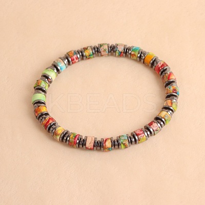 Vintage Natural Dyed Imperial Jasper & Synthetic Non-magnetic Hematite Beads Stretch Bracelets for Women Men UH5548-1-1