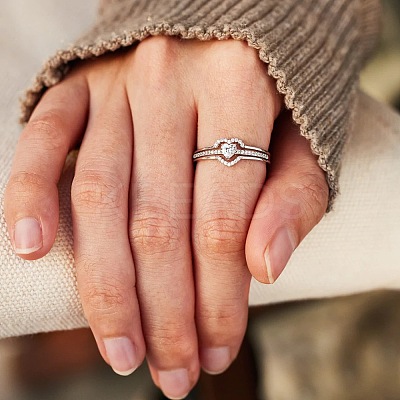2Pcs Heart 925 Sterling Silver Micro Pave Clear Cubic Zirconia Finger Rings for Women FS-WG4005F-06-1