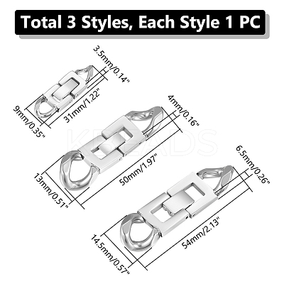 3Pcs 3 Styles 304 Stainless Steel Fold Over Clasps STAS-UN0053-38-1