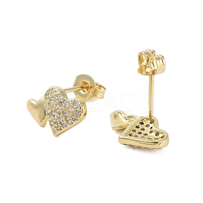 Brass Micro Pave Clear Cubic Zirconia Heart Stud Earrings for Women EJEW-A110-09G-1