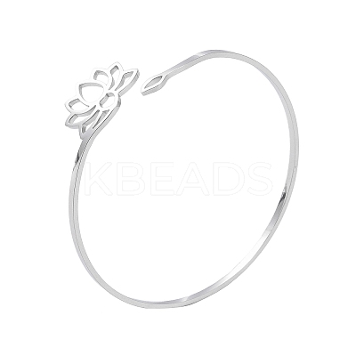 Non-Tarnish Hollow Out Lotus 304 Stainless Steel Open Cuff Bangles for Women BJEW-G701-01P-1
