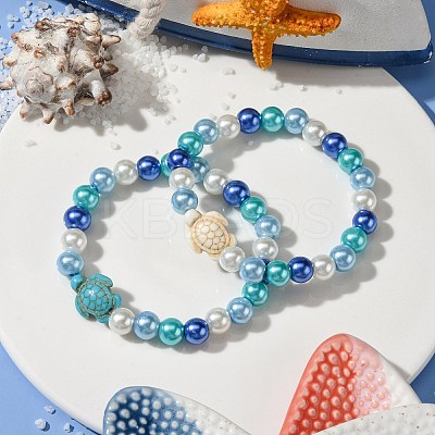 2Pcs 2 Colors 8mm Round Baking Paint Pearlized Glass Pearl Beaded Stretch Bracelet Sets BJEW-JB10899-1