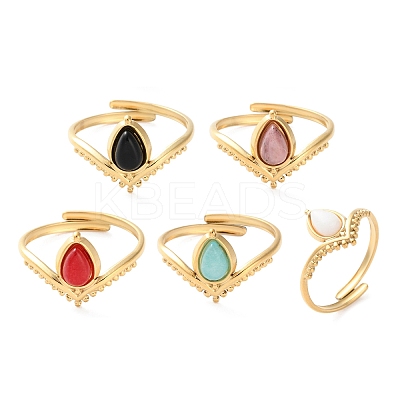 Teardrop Natural Rhodochrosite & Black Onyx & White Jade & Red Agate & Amazonite Finger Rings RJEW-Q004-02G-1