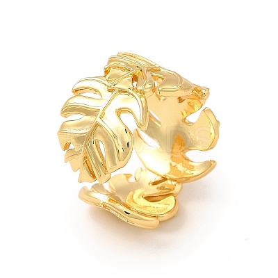 Brass Tropical Leaf Wrap Open Cuff Ring for Women RJEW-A015-08G-1
