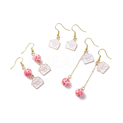 3 Pairs 3 Style Pink Alloy Enamel Charms & Resin Beads Dangle Earrings EJEW-JE05030-05-1