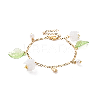 Acrylic Leaf & Flower & Plastic Pearl Charm Bracelet BJEW-JB09077-1