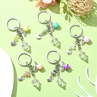 Gemstone Chip & Alloy Heart Pendant Keychain with Angel Acrylic Charm KEYC-JKC00541-1