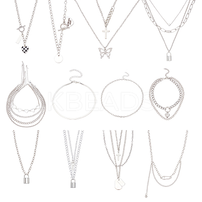 18Pcs 18 Style Alloy Curb & Paperclip & Herringbone Chain Necklaces Set NJEW-AN0001-43-1